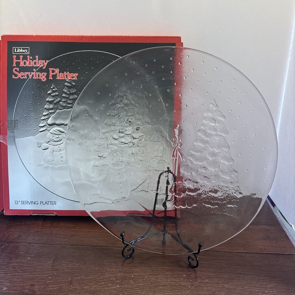 Libbey Embossed Clear Glass Holiday Serving Platter 13" with Original Box! #5441
